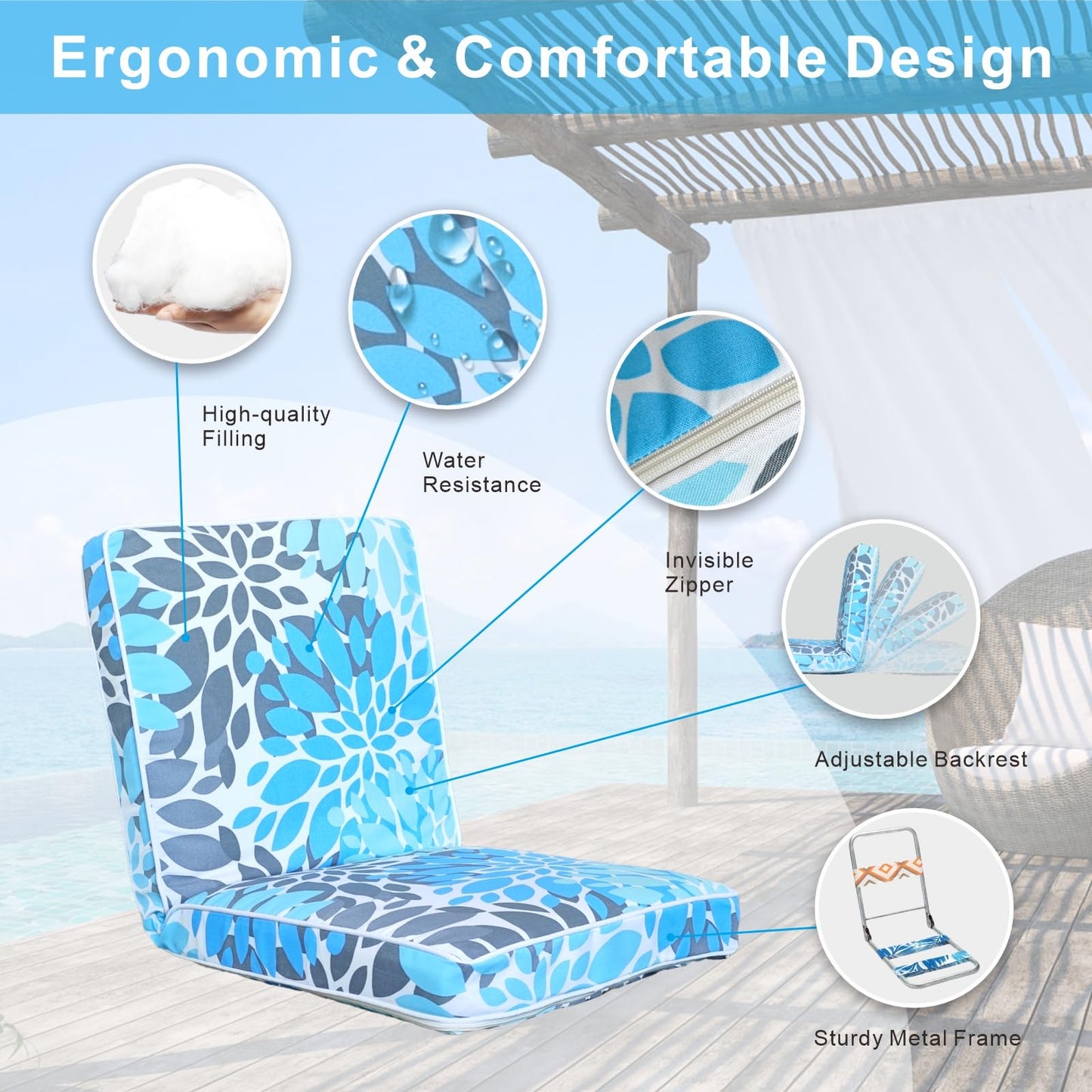 Floor Chair with Back Support Adjustable Position Floor Gaming Chair , Couch Recliner, Floor Couch, Removable Meditation Chair Cushion Indoor or Outdoor Seasonal All Weather Replacement (Light Blue)