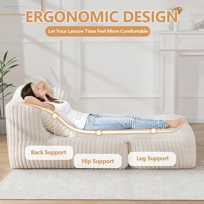 Giant Bean Bag Lounger Sofa with Pillow, Large Beanbag Chair for Adults, Oversized Comfy Beanbag Lazy Floor Sofa, Bean Bag Couch with Memory Foam Filled for Living Room, Bedroom, White