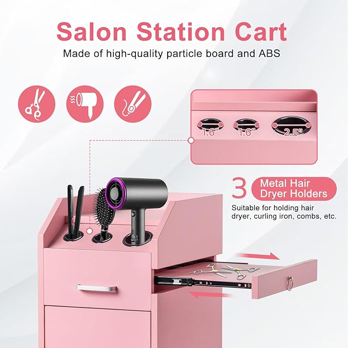 Winado Hair Salon Storage Cart with Wheels & 3 Hair Dryer Holders & 4 Drawers & Lock & 2 Keys, Hairdressing Tools Station Mobile Makeup Case, SPA Utility Trolley (Pink)