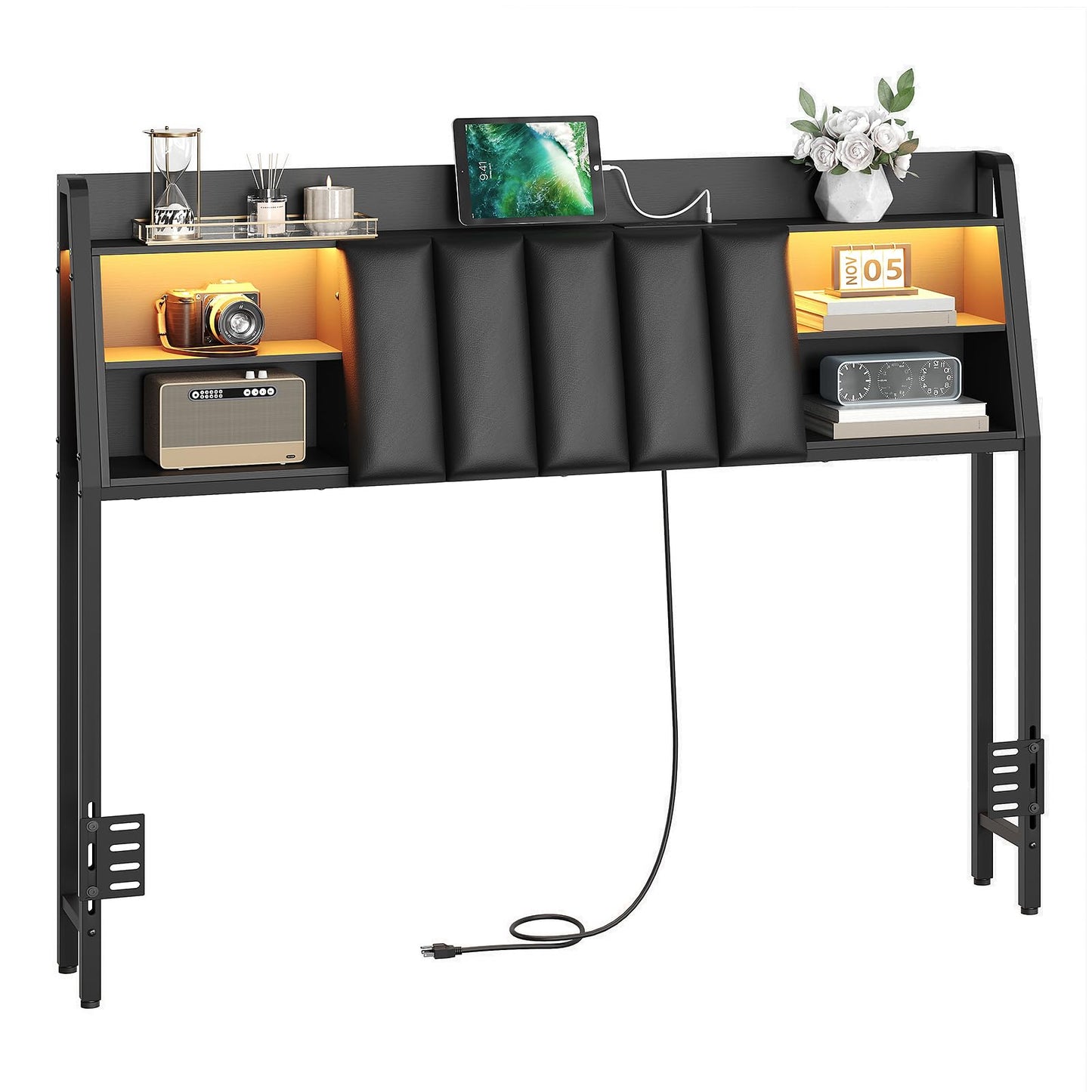 HOOBRO Queen Size Headboard with Storage, Upholstered Headboard with Charging Station and LED Light Strip, Padded Backrest and Open Storage Shelf, Metal Frame Adapter, for Queen Bed Frames, Black