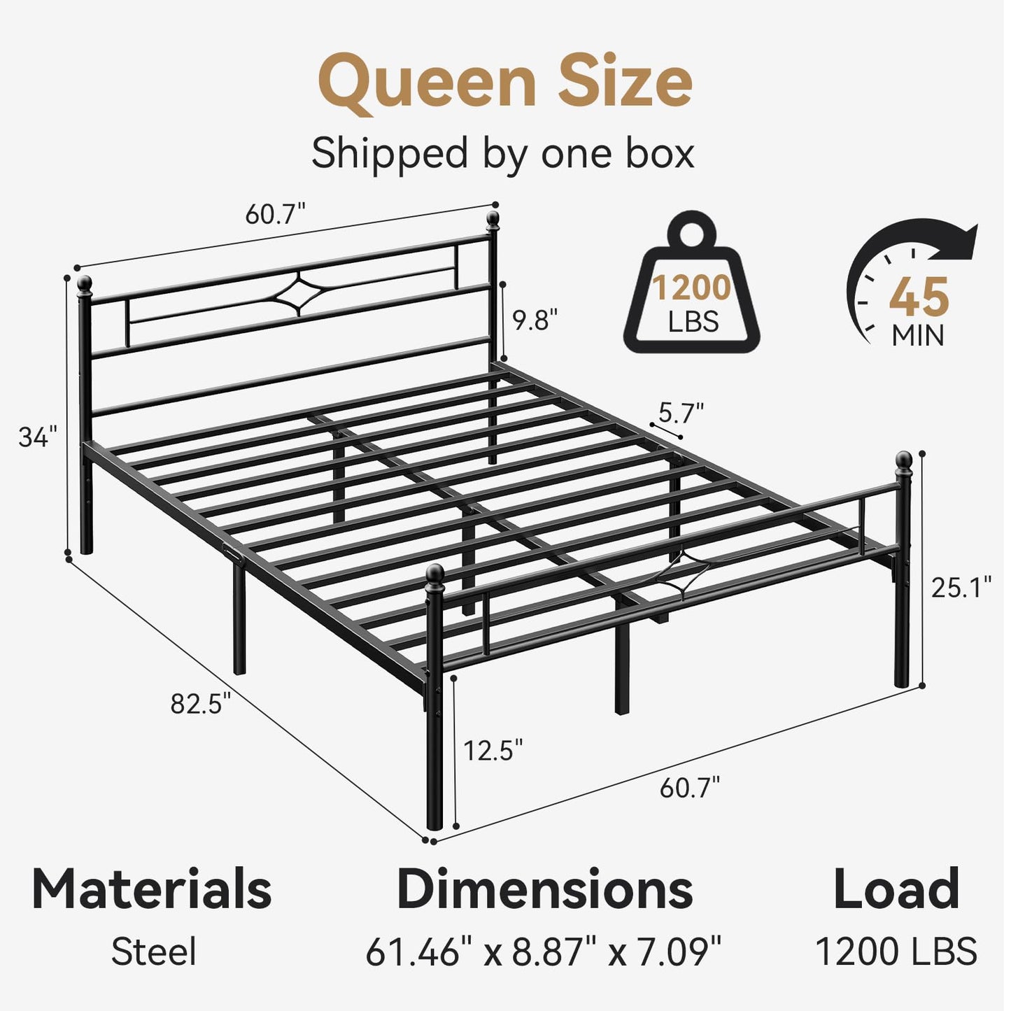 BedsPick Queen Size Metal Bed Frame with Headboard and Footboard, Platform Bed Frame with Premium Steel Slats Support/12.5'' Under Bed Storage Space/No Box Spring Needed/Noise Free/Easy Assembly/Black