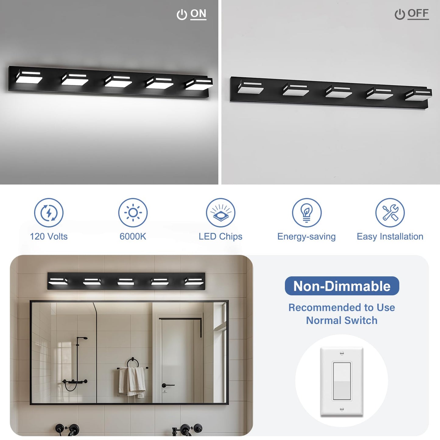 Donrao 40-Inch 5-Light LED Modern Black Bathroom Vanity Light Fixtures Over Mirror, Bathroom Lighting Fixtures with Cool White 6000K, Vanity Wall Lights for Bath Restroom Powder Room