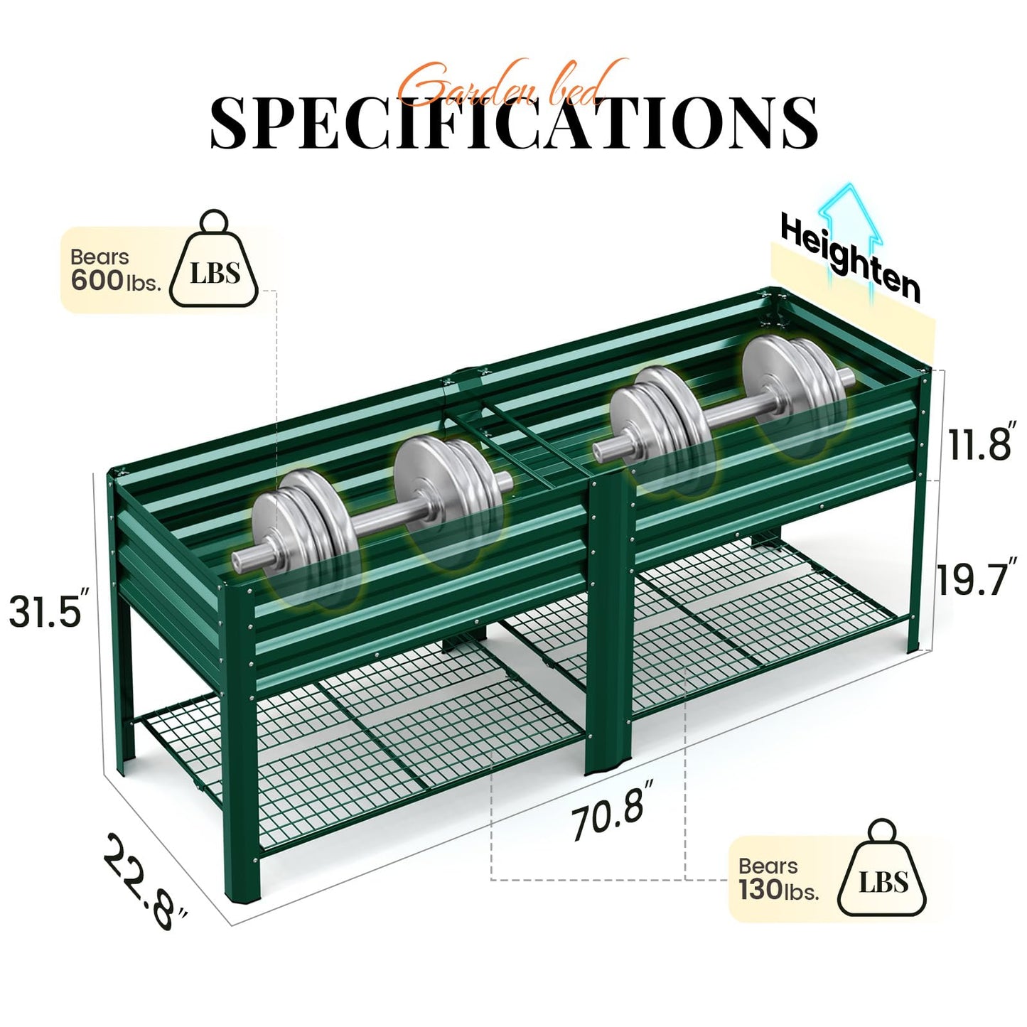 KING BIRD Large Raised Garden Bed with Legs & Storage Shelf Galvanized Elevated Planter Box for Backyard, Patio, Balcony, 600lb Capacity, Green 70.9x22.8x31.5 in