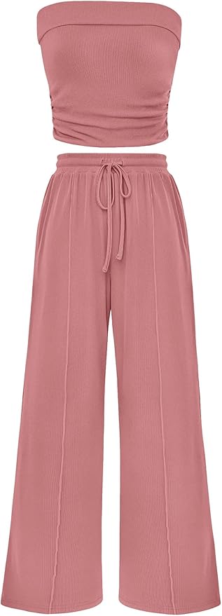 PRETTYGARDEN Womens Summer Outfits 2 Piece Sets Casual Ribbed Knit Crop Tube Top Wide Leg Pants Spring Matching Lounge Set