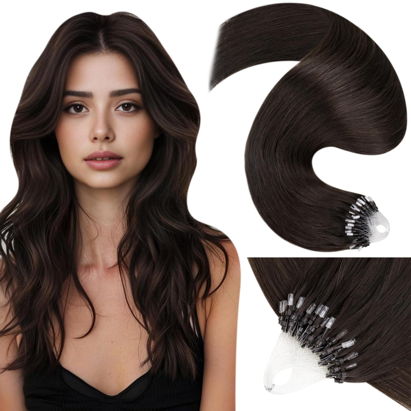 LaaVoo Micro Link Hair Extensions Human Hair Dark Brown Microbead Hair Extensions 24 inch Brown Micro Loop Hair Extensions Real
