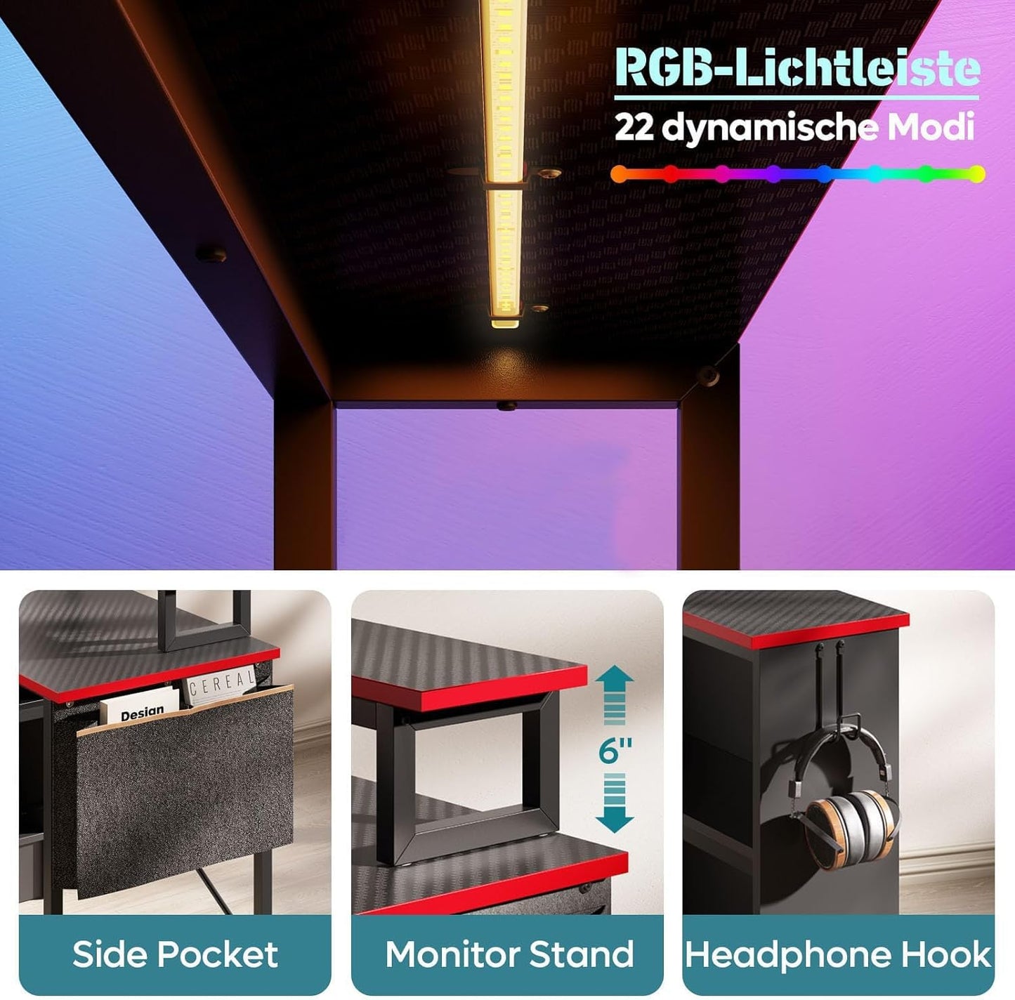 Bestier L Shaped Gaming Desk with Storage Shelves, 42 Inch Reversible Corner Computer Desk with LED Lights, PC Gaming Table with Side Storage Bag & Monitor Stand for Bedroom