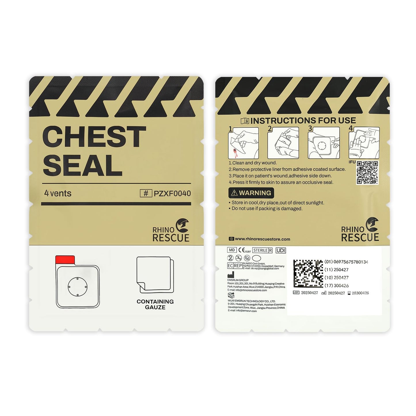 RHINO RESCUE Vented Chest Seal, 4 Vents, Sterile Emergency Trauma Dressing, Occlusive Adhesive Pad, IFAK Trauma Refill Medical First Aid Supplies for Wound Care, Gunshot Wound, Sucking Chest(6 Count)