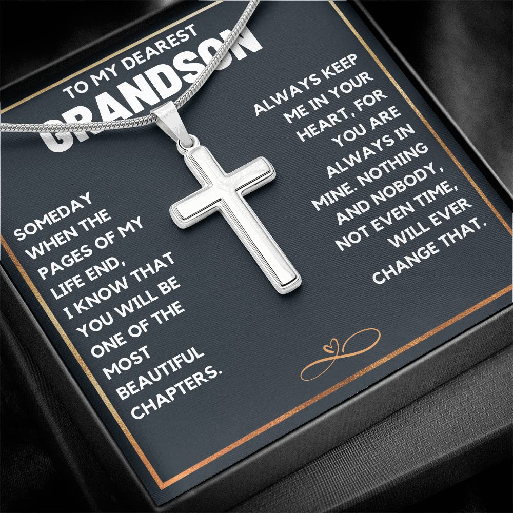 FG Family Gift Mall Grandson Birthday Gifts From Grandma Present For Grandson From Grandmother To My Grandson Necklace From Grandparents Cross Chain with Message Card and Gift Box, Stainless Steel,