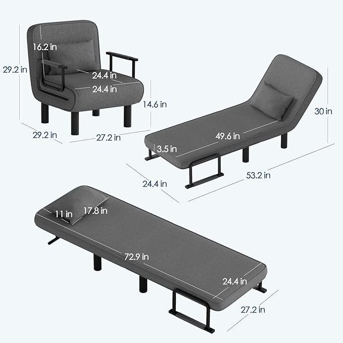 Furniliving 4 in 1 Folding Sofa Bed Chair, Convertible Sleeper Chair Bed with 6-Position Adjustable Backrest, Upholstered Chaise Lounge with Pillow, Accent Chairs for Bedroom, Linen, Darkgrey, 2