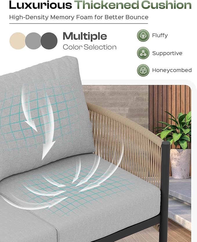 Aluminum Outdoor Patio Furniture Set with Dual-Layer Coffee Table, 5 Piece Modern Patio Conversation Sets with PE Rope, Outdoor Sectional Sofa with Thick Cushions for Balcony, Deck, Gray