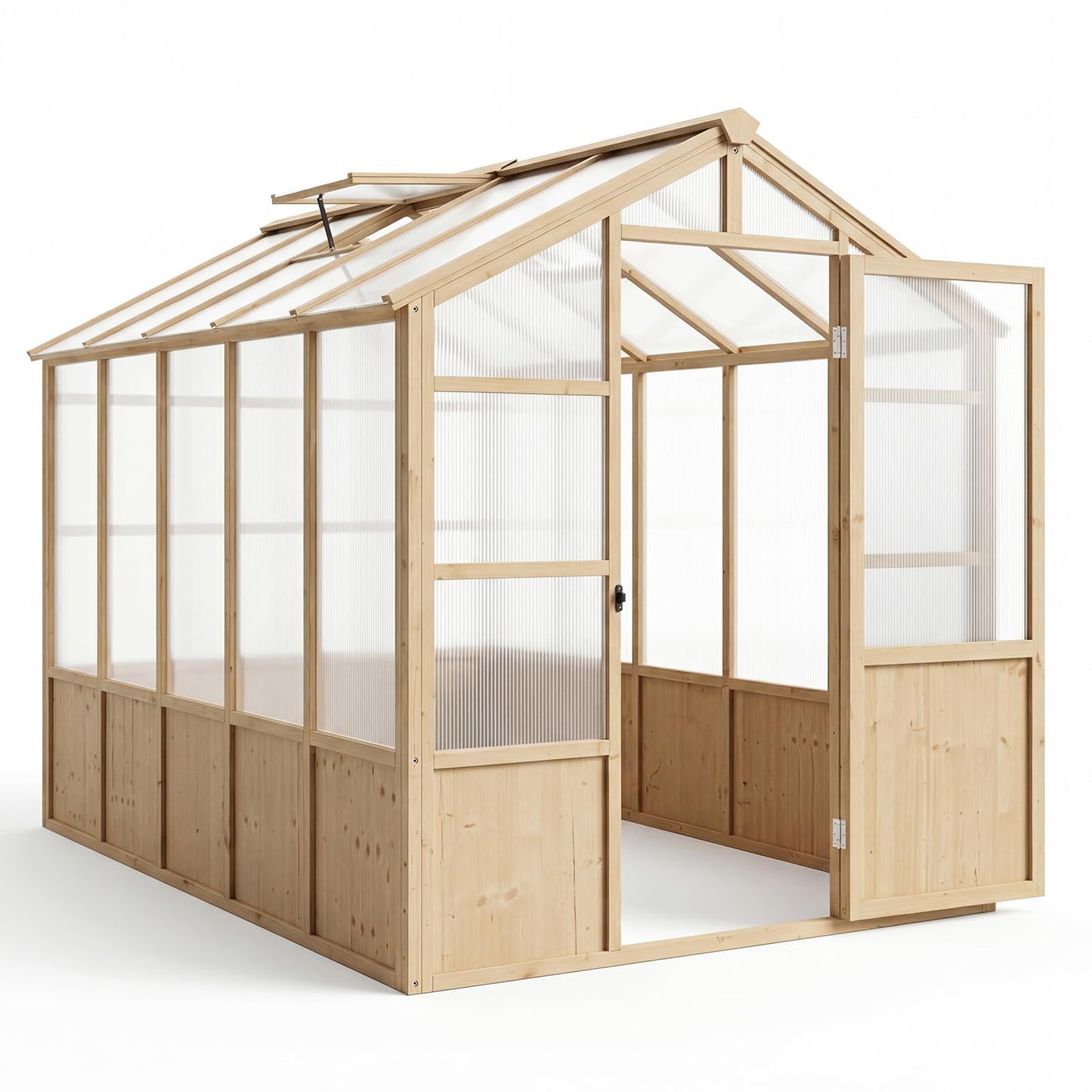 Wooden Greenhouse Kit with 4mm Polycarbonate Panels & 2 Adjustable Ventilation - Heavy Duty Wood Large Outdoor Greenhouse with Lockable Door for Garden, Backyard, Patio, Lawn Walk-in Green House