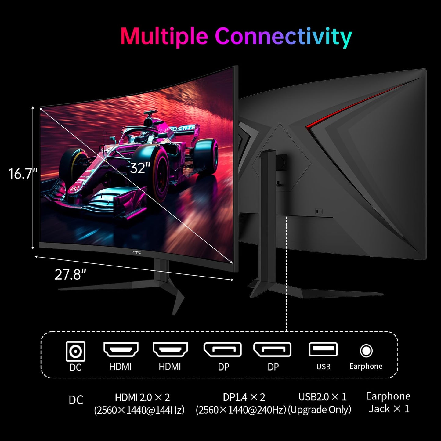 KTC 32 Inch 240Hz Curved Gaming Monitor, 2K 1440P Computer PC Monitor with 1000R 1ms Frameless, Adaptive Sync,122% sRGB, HDMI, DisplayPort, Tilt Adjustable, H32S25E
