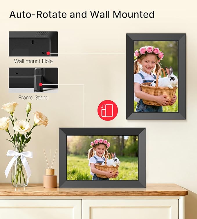 BIGASUO Digital Picture Frame, 10.1" Frameo Digital Frame WiFi with 32GB Memory, 1280x800 IPS Touch Screen, Send Photos/Videos from Your Phone Anywhere, Photo Gifts for Parents and Grandparents