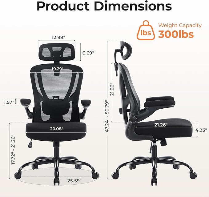 shipborne Office Chair Ergonomic Office Chair with Lumbar Support, Head Support, Rocking Function, FILP-up Armrests, Mesh High Back Chair Home Office Desk Chair, Suitable for Home, Office, Black