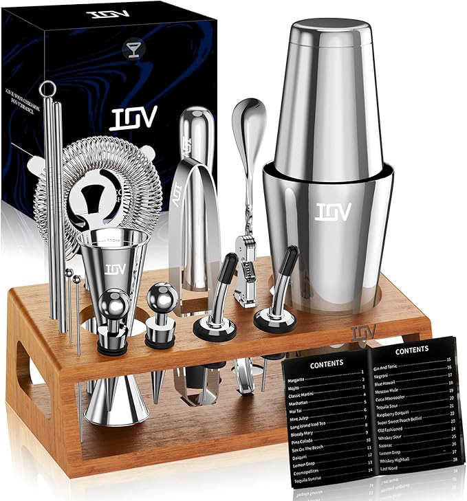 IOV Mixology Bartender Kit Bar Set with Stand | 17-Piece Cocktail Shaker Set | 28oz Boston Shaker Drink Mixer Set with All...