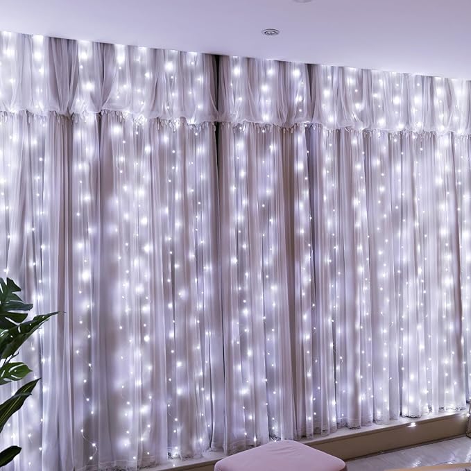 HXWEIYE 300LED Fairy Curtain Lights, 9.8x9.8Ft USB Plug-in 8 Modes Christmas String Hanging Lights with Remote for Bedroom...