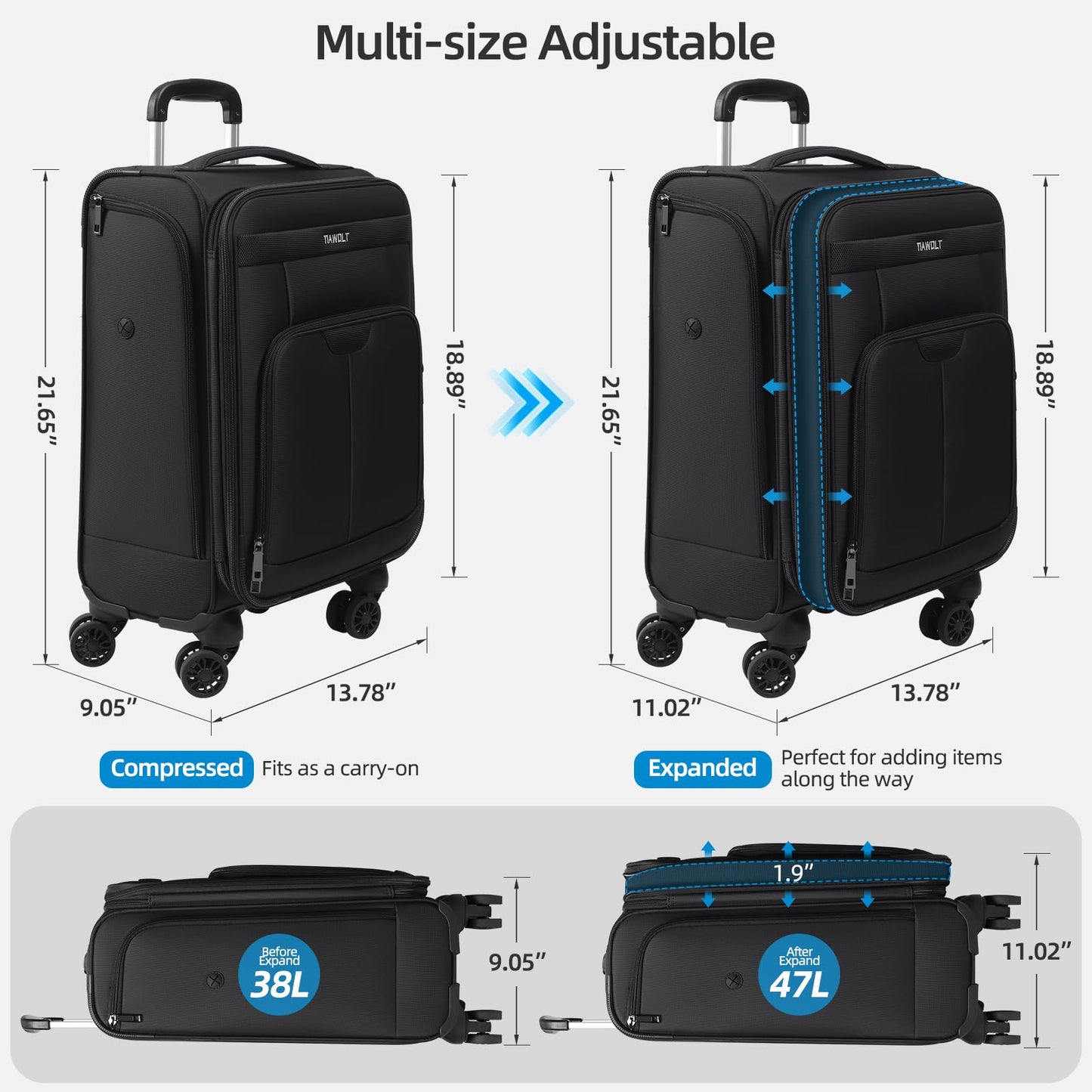 TIAWOLT Carry on Luggage with Spinner Wheels 20-Inch,Lightweight Expandable Luggage Set Carry-on Suitcase with Wheels Women Men-Black