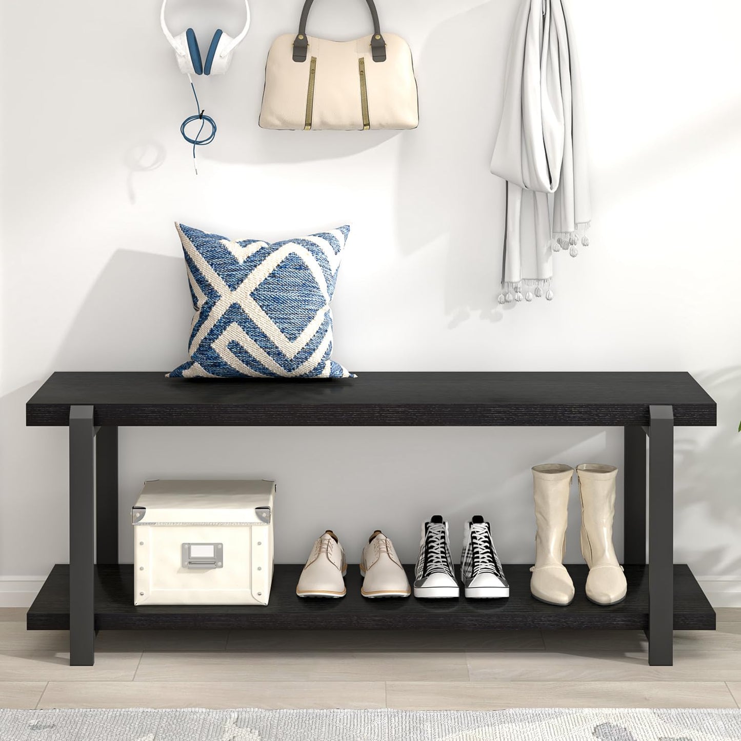 EXCEFUR Entryway Bench, Modern Wood and Metal Storage Bench for Hallway, Industrial Indoor Shoe Rack Bench Seat for Living Room Bedroom, Black Oak 47 Inch Long