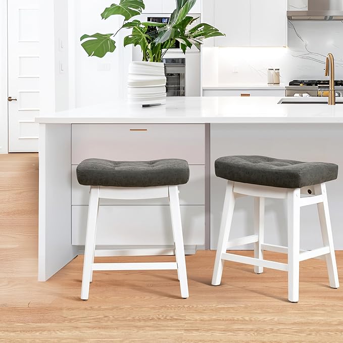 RNKSFX Counter Height Bar Stools Set of 6 for Kitchen Counter Farmhouse Modern Barstools with Faux Leather Upholstered Backless Seat and Solid Wood Legs 24 inch Bar Chairs, Grey + White