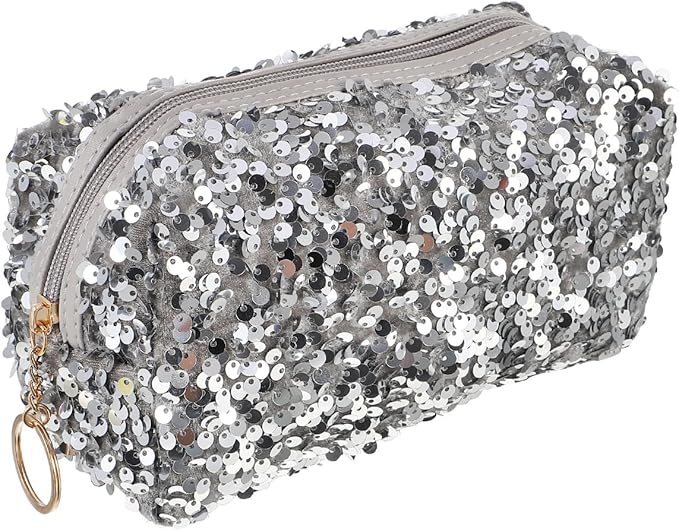 VALICLUD Sequin Makeup Bag Silver Glitter Cosmetic Pouch Large Capacity Travel Organizer with Zipper for Women and Girls