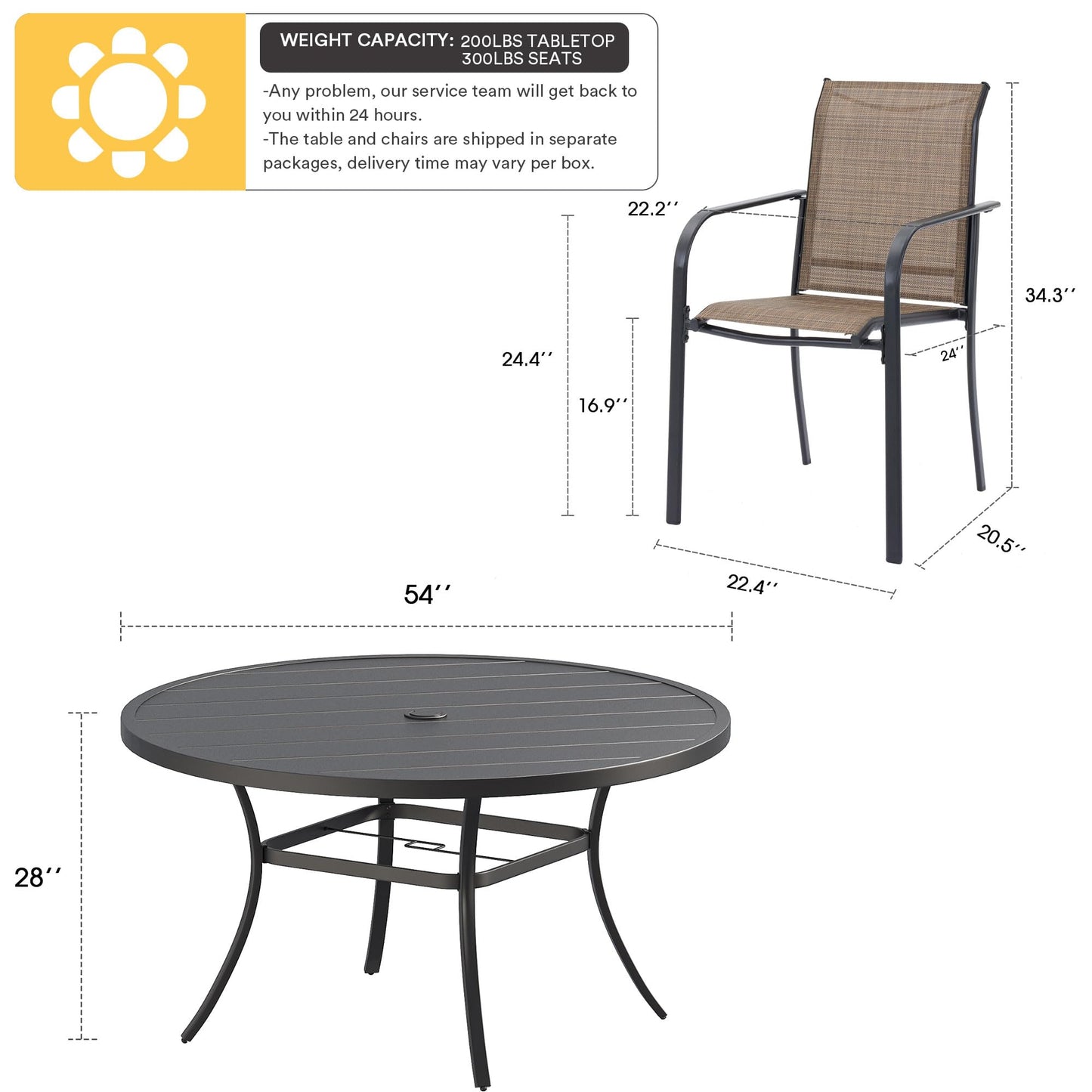 VICLLAX Patio Dining Set for 8, Outdoor Furniture Set Includes 53" Round Patio Table and 8 Patio Sling Chairs, Black Tabletop and Brown Fabric