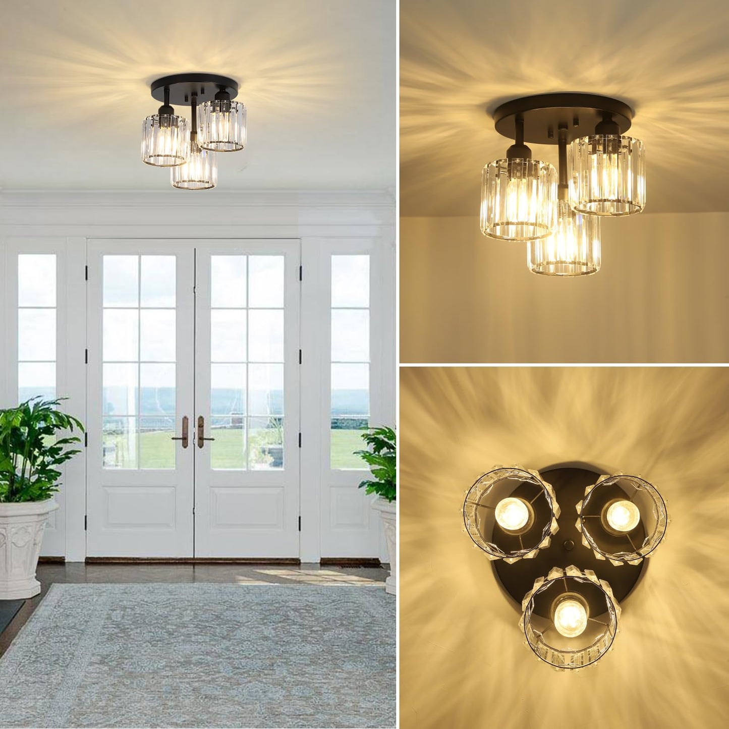 PAUFUL Crystal Semi Flush Mount Ceiling Light,3-Light Modern Close to Ceiling Light Fixtures,Black Kitchen Light Fixtures with Clear Crystal Shade,Hallway Light Fixtures for Hallway Bedroom Bathroom