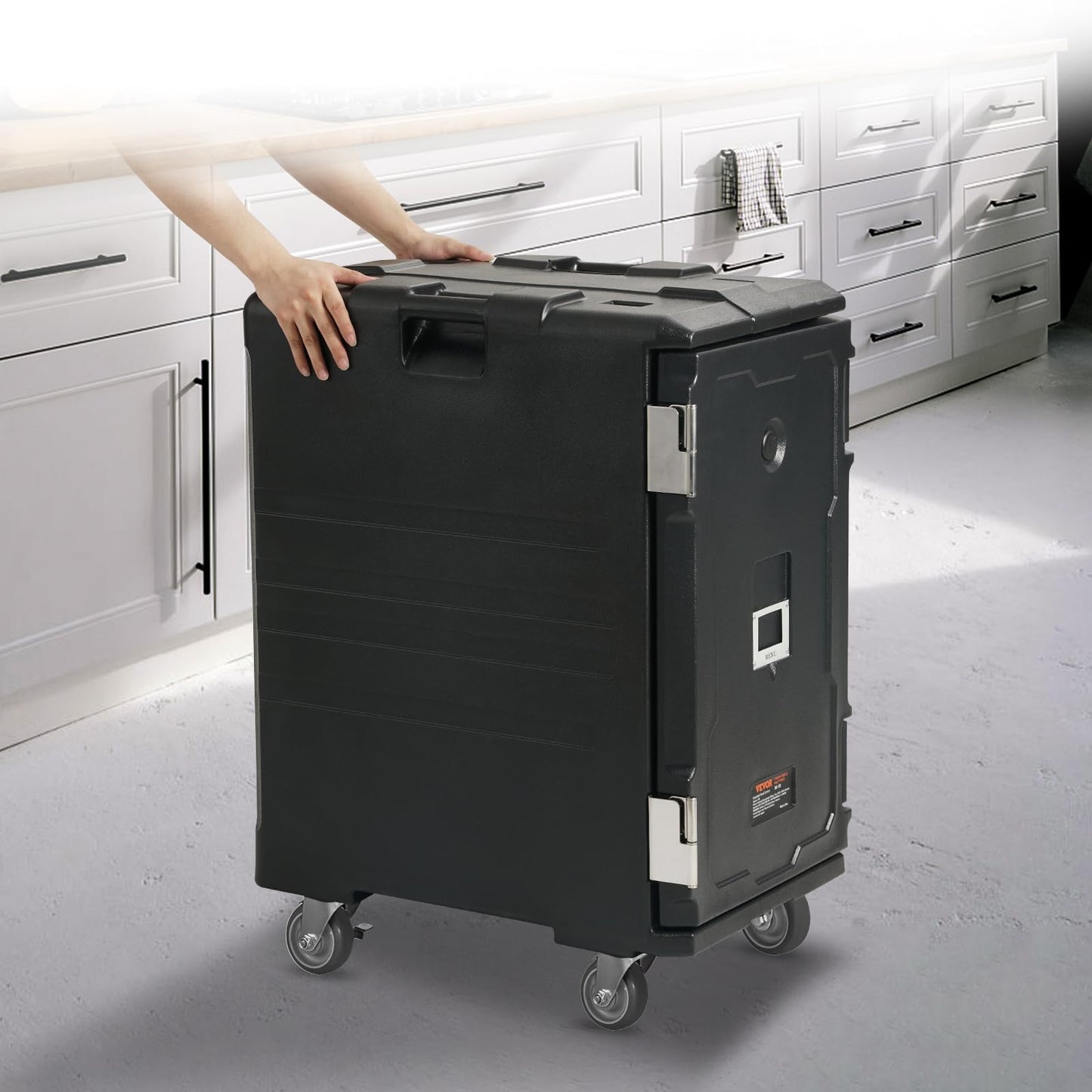 VEVOR Insulated Food Pan Carrier, 127 Qt Hot Box for Catering, LLDPE Food Box Carrier w/Double Buckles, Front Loading Food Warmer w/Handles, End Loader w/Wheels for Restaurant, Canteen, etc. Black
