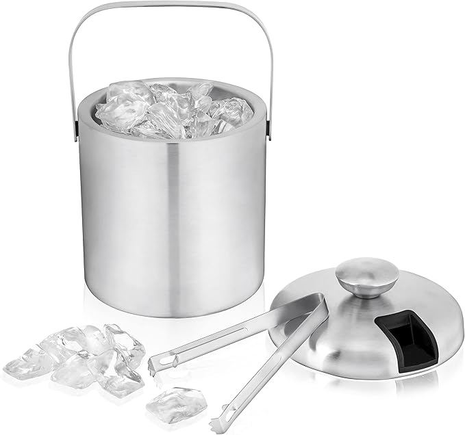 True Stainless Steel Ice Buckets for Parties with Lid, 1.3L Capacity Double Wall Ice Bucket with Tongs, Insulated Ice Buck...