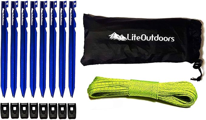 LITEOUTDOORS Ultralight Tent Stake Kit - 12 Aluminum Tent Pegs, 100' Reflective Guyline, 12 Cord Tensioners - for Backpack...
