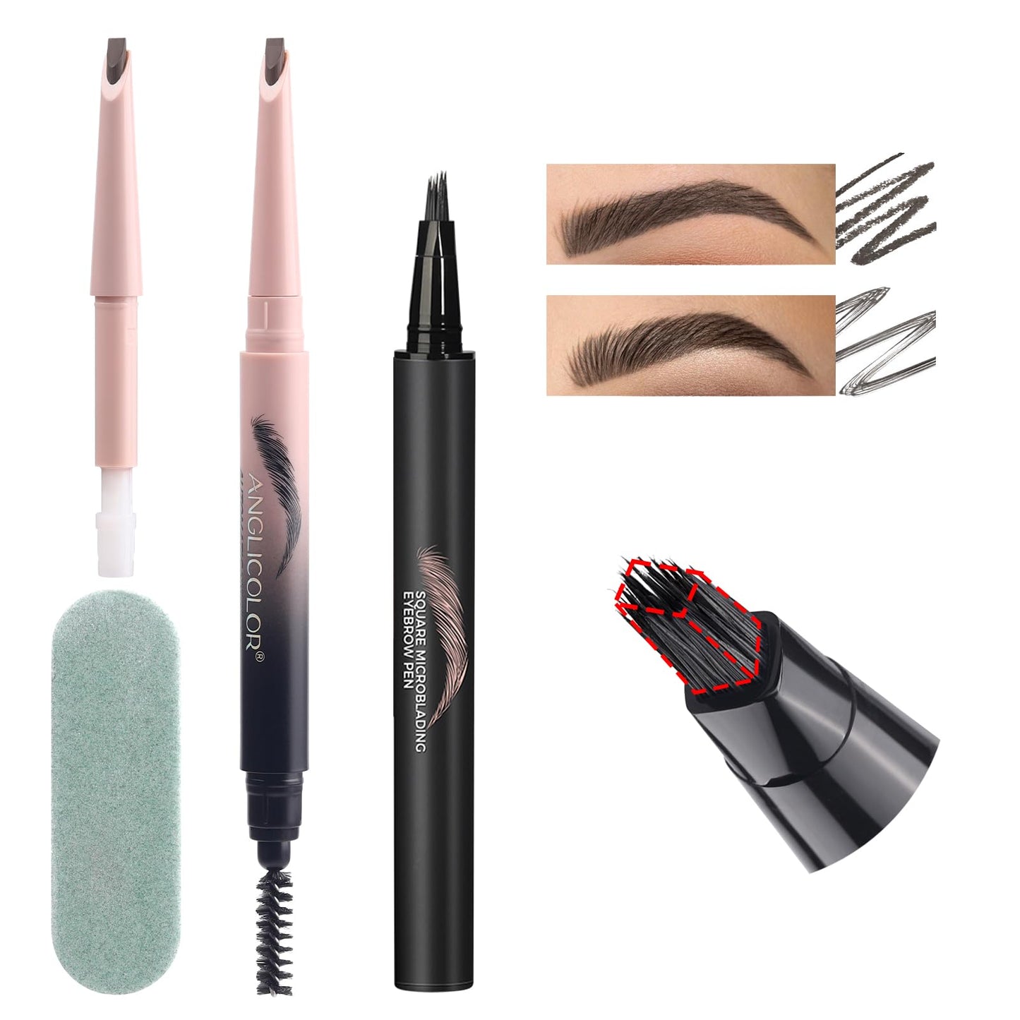 Microblading Eyebrow Pencil Kit-Angled Square Tip Liquid Eyebrow Pencil,Shaping and Filling Brow Definer Pen with Brush & Refill