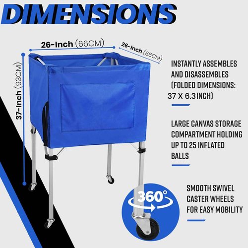 Coolcapis Volleyball Ball cart with Wheels Portable Basket Storage Cart 37in x 26in x 26in Garage Sports Equipment Organizer Volleyball Basketball Soccer Toy Blue