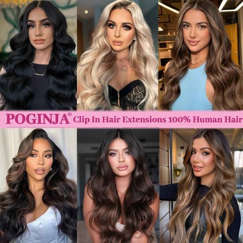 POGINJA Clip in Hair Extensions Real Human Hair, Remy Human Hair Clip in Extensions for Black Women, Invisible Natural Straight Seamless Clip ins Hair Extensions 8pcs Double Weft #1B 24inch 120g
