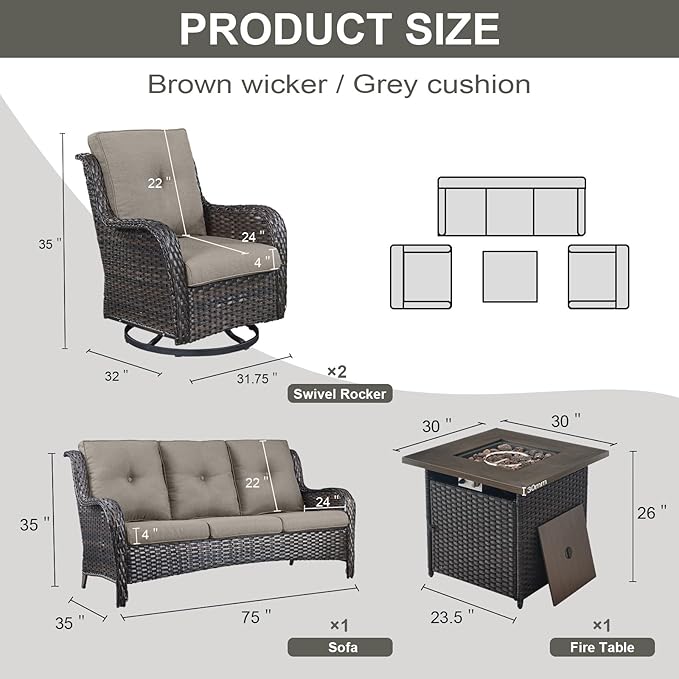 Belord Outdoor Patio Furniture Set with 50000BTU Propane Fire Pit Table, 4 Pieces Wicker Patio Conversation Set with 2 Swivel Rocker Glider Chairs Rattan Sofa Grey Cushion Perfect for Gathering