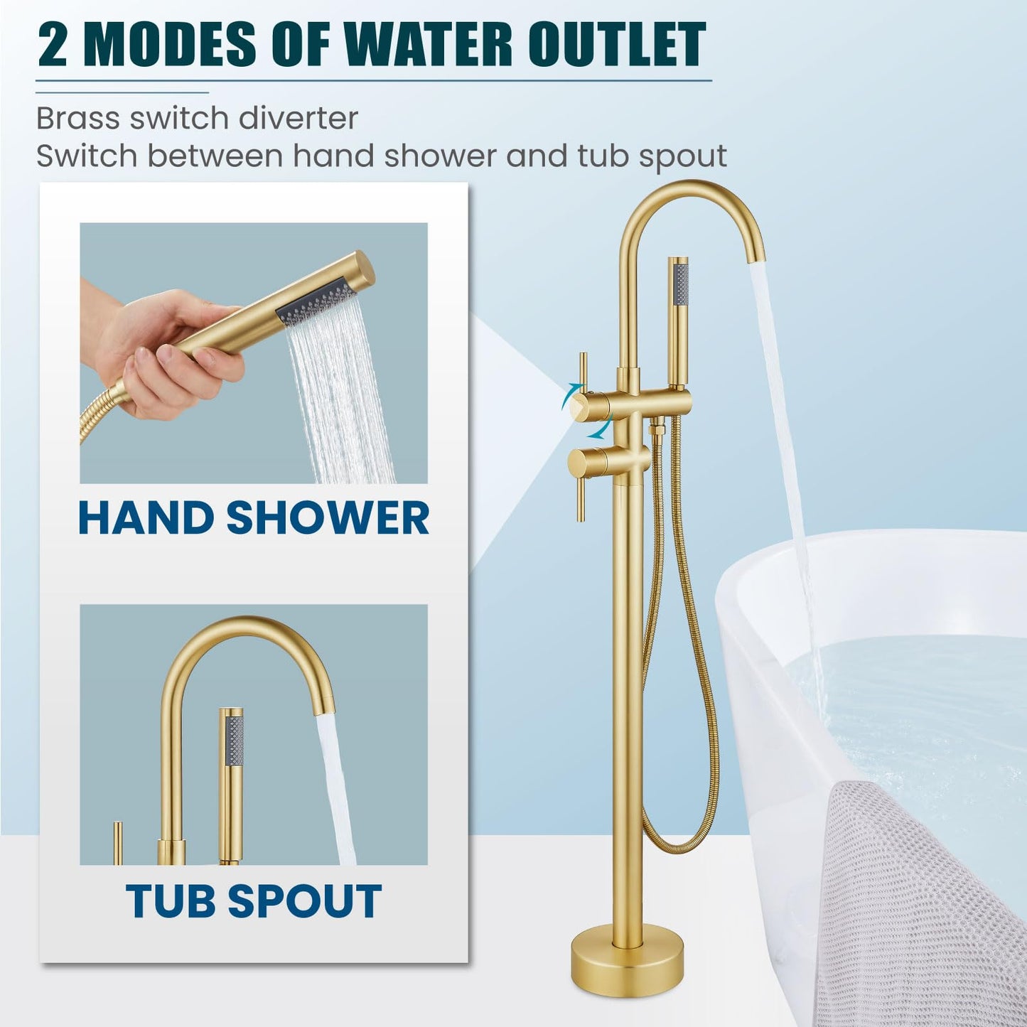 gotonovo Floor Mount Bathtub Faucet High Flow Freestanding Tub Filler Standing Shower Faucets with 360° Swivel Gooseneck Spout and Cylinder Handheld Spray, Brushed Gold
