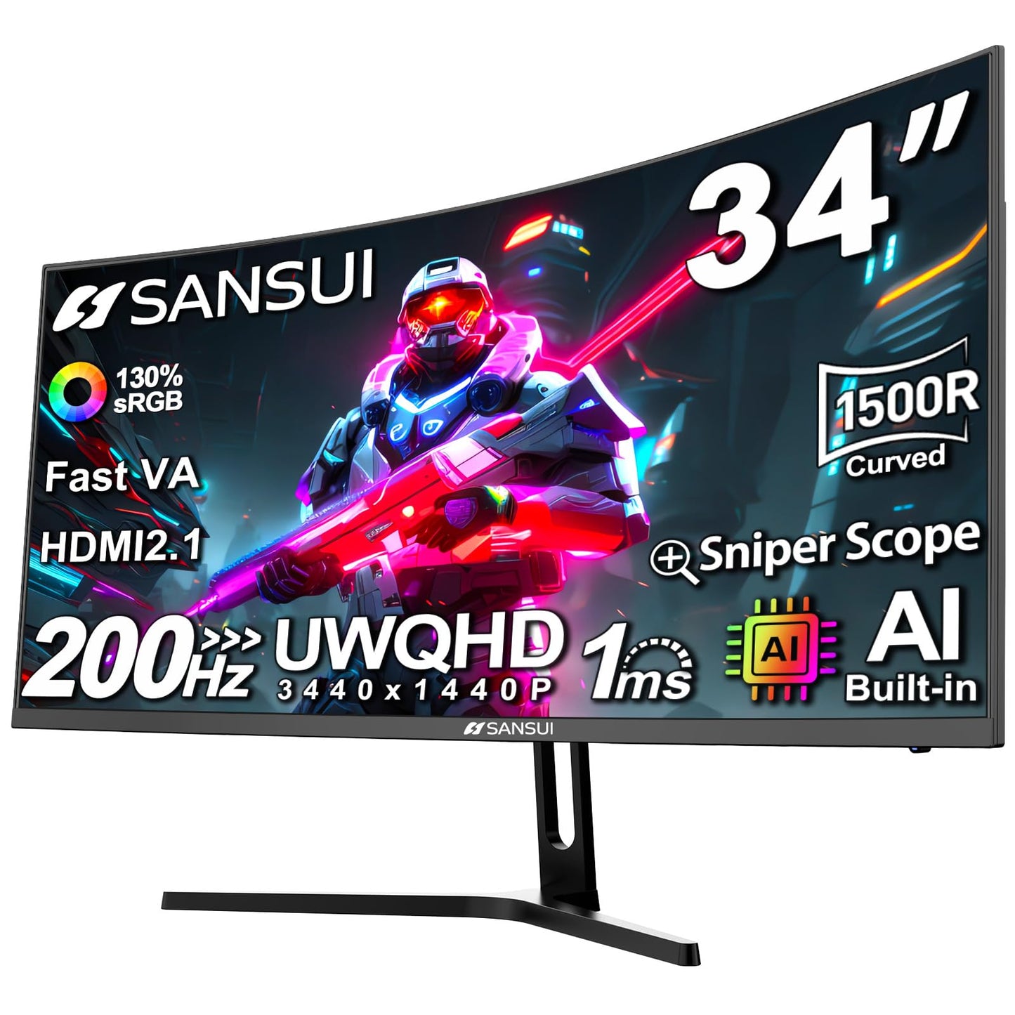 SANSUI 34-Inch Curved Gaming Monitor UWQHD 3440 x 1440P Up to 200Hz 165Hz Curved 1500R - PIP/PBP, OD 1ms, HDR, 300nits, sRGB 130%, DCI-P3 97%,AI Crosshair,HDMI2.1x2,DP1.4(Cable Included)