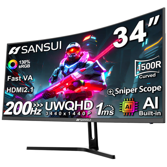 SANSUI 34-Inch Curved Gaming Monitor UWQHD 3440 x 1440P Up to 200Hz 165Hz Curved 1500R - PIP/PBP, OD 1ms, HDR, 300nits, sRGB 130%, DCI-P3 97%,AI Crosshair,HDMI2.1x2,DP1.4(Cable Included)