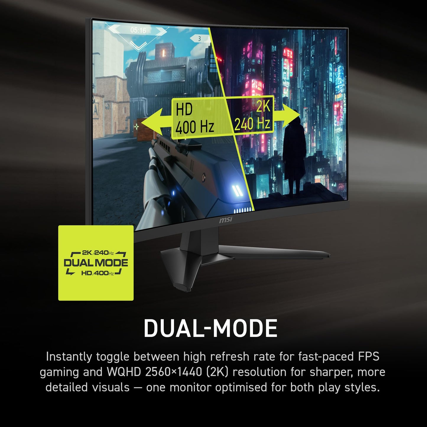msi MAG 275CQDF X24 27-inch 2560 x 1440 (QHD) Gaming Monitor, Adaptive Sync, Dual Mode with WQHD 240Hz and HD 400Hz, HDR Ready, HDMI, VGA Port, VESA Mountable, Tilt, 4-Side Slim Bezel, 0.5ms, Black