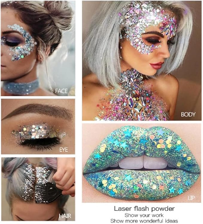Mermaid Sequins Body Glitter Gel, Make Up Long Lasting Glitter for Body Face Hair Eyeshadow, Music Festival Party Carnival Long Lasting Face Glitter, No Glue Needed and Easy to Remove. (Silver)