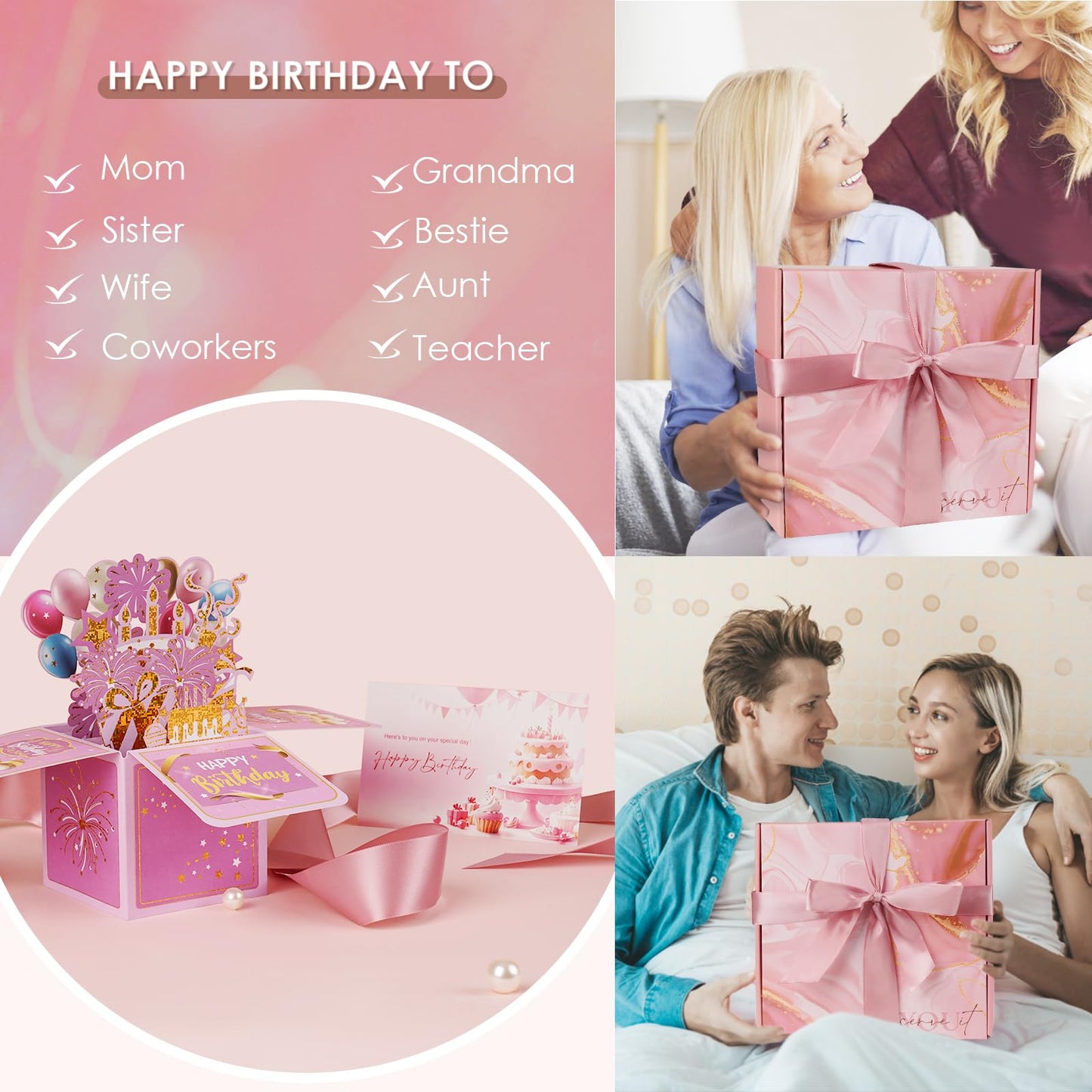 Birthday Gifts For Women Rose Relaxing Spa Gifts Basket 21st 40th 50th Happy Birthday Box for Mom Her Wife Best Friend Sister Grandma Daughter Bestie Aunt Pop Up Card Flannel Blanket Thinking of You