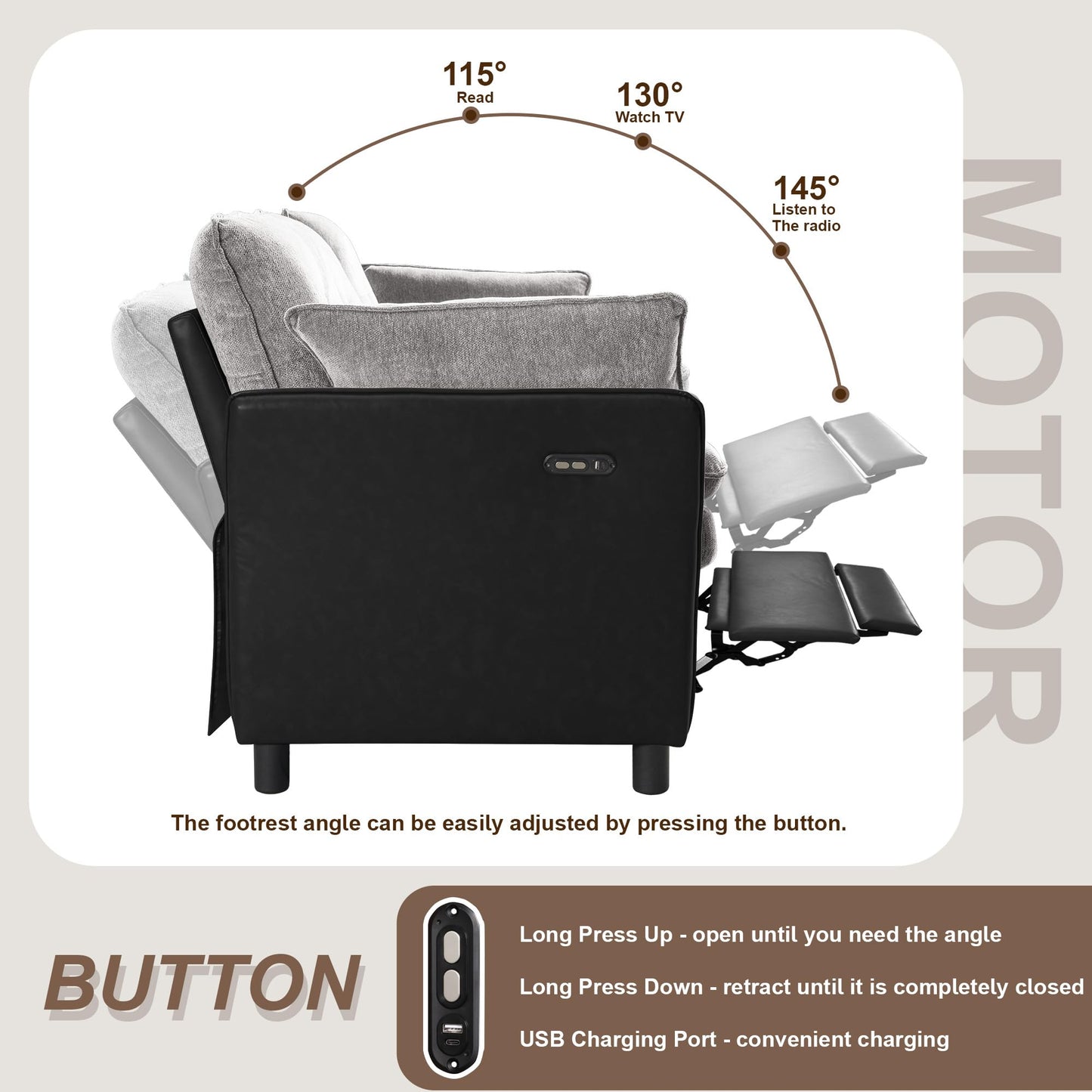 Casaphoria 3 Seater Electric Reclining Sofa, Modern Two-Tone Gray & Black with Double-Layer Seat Cushion, USB Port, Power Recliner for Living Room, Home Theater, Apartment