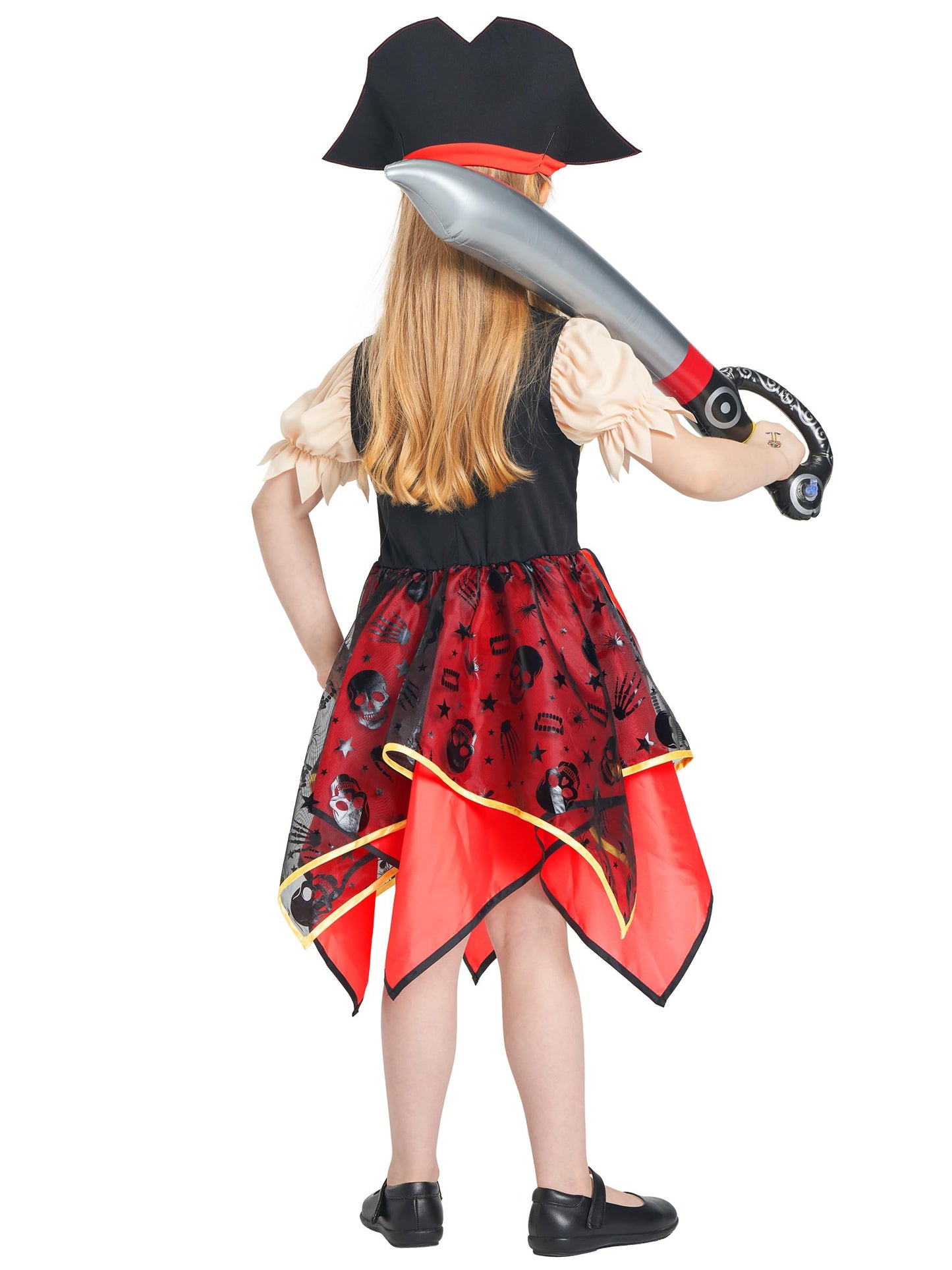 IKALI Girls Pirate Costume with Hat Accessories, Buccaneer Princess Fancy Dress Outfit for Kids 4-6 Years Themed Party Role Play