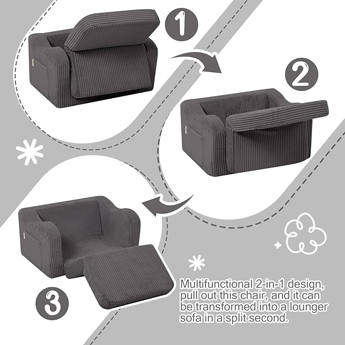 MeMoreCool Toddler Chair Comfy for 1-3 Years Old, Corduroy Kids Couch Bed Fold Out, 2-in-1 Foldable Baby Lounge Chair, Pull Out Children Sofa Bed, Dark Grey