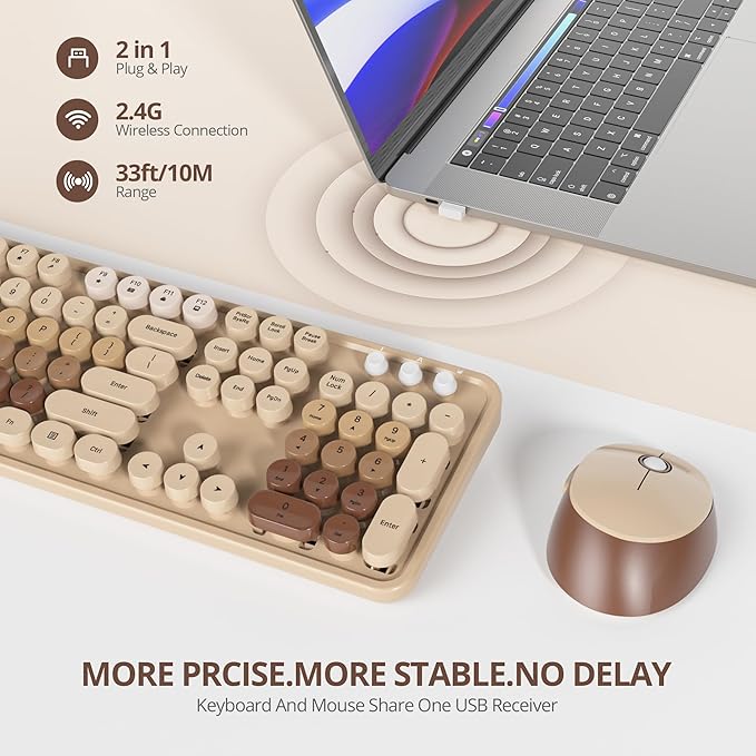 Owpkeenthy Brown Keyboard and Mouse Wireless, Cute Colorful Typewriter Keyboard Full-Sized with Number Pad Round Keycaps for Desktop, Laptop and Computer(Gradient Brown)