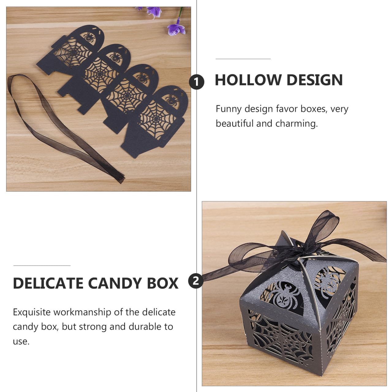 BESTOYARD 50Pcs Halloween Hollow Die-Cut Favor Boxes - Wedding Candy Boxes with Ribbons for Party Candy Packaging, 2X2 Inches