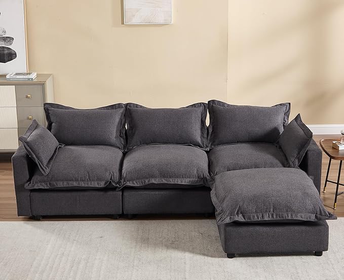 chairus 97" Modular Sectional Sofa with Moveable Ottoman Upholstered Deep Seat Linen Couch Set with Soft Pillows L-Shape Sofa Couch for Living Room, Apartment, Reception Room, 3-Seater/Black