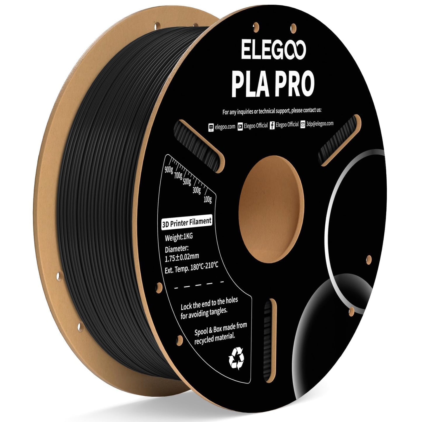 ELEGOO PLA PRO Filament 1.75mm Black 1KG, 30-250mm/s Printing Speed Improved Rigidity 3D Printer Filament Dimensional Accuracy +