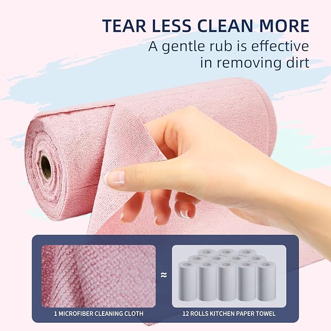 & PLUSH Microfiber Cleaning Cloth Roll - 70 Pack, Tear Away Microfiber Towels, 12" x 12", Reusable, Washable, Streak Free, Ultra Absorbent Dish Rags for Car, Home, Garage or Shop (Pink and White)