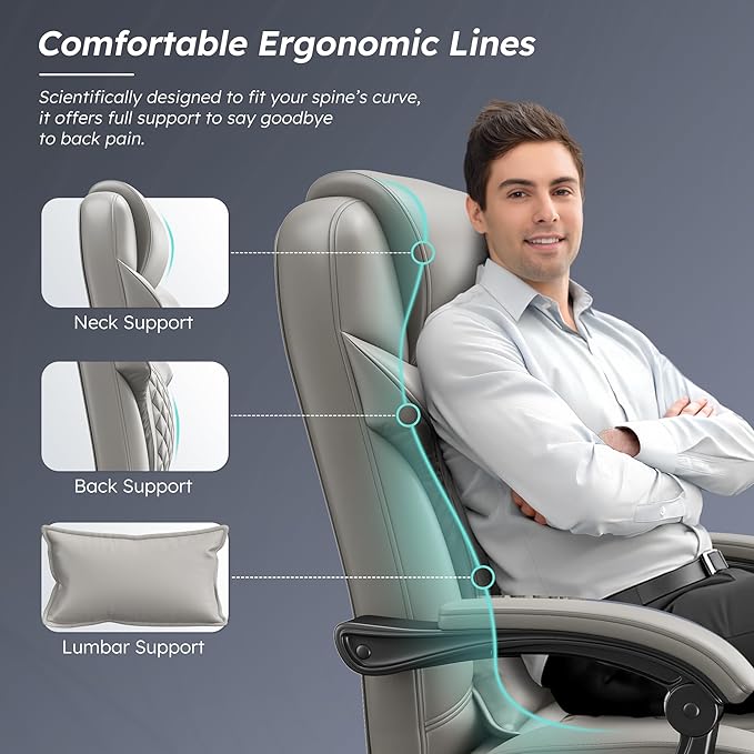 DurayLoly Big and Tall Office Chair 400lbs - Executive Ergonomic Desk Chair with Footrest, High Back Reclining Leather Chair with Lumbar Support for Home Office,Light Grey