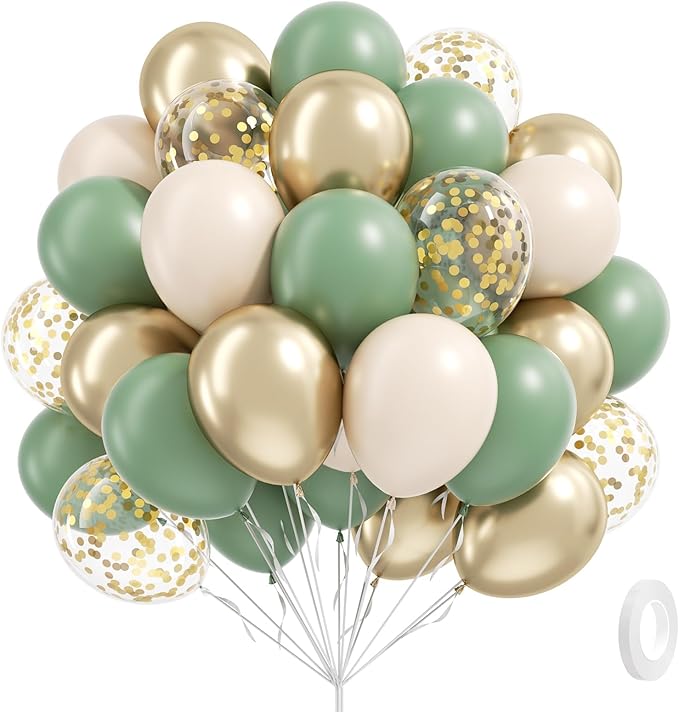 Sage green Balloons, 60pcs 12inch Sage green Sand White Metallic Gold Confetti Balloons for Boho Birthday Wedding Bridal B...