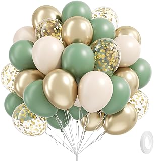 Sage green Balloons, 60pcs 12inch Sage green Sand White Metallic Gold Confetti Balloons for Boho Birthday Wedding Bridal B...